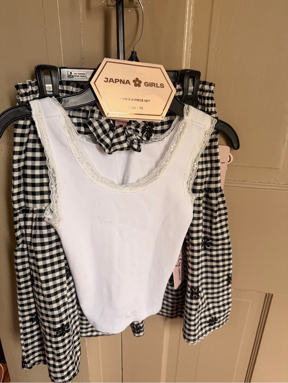 Japna Girls Gingham Set White Tank Top Lace Trim Black Skirt Size 10 NWT